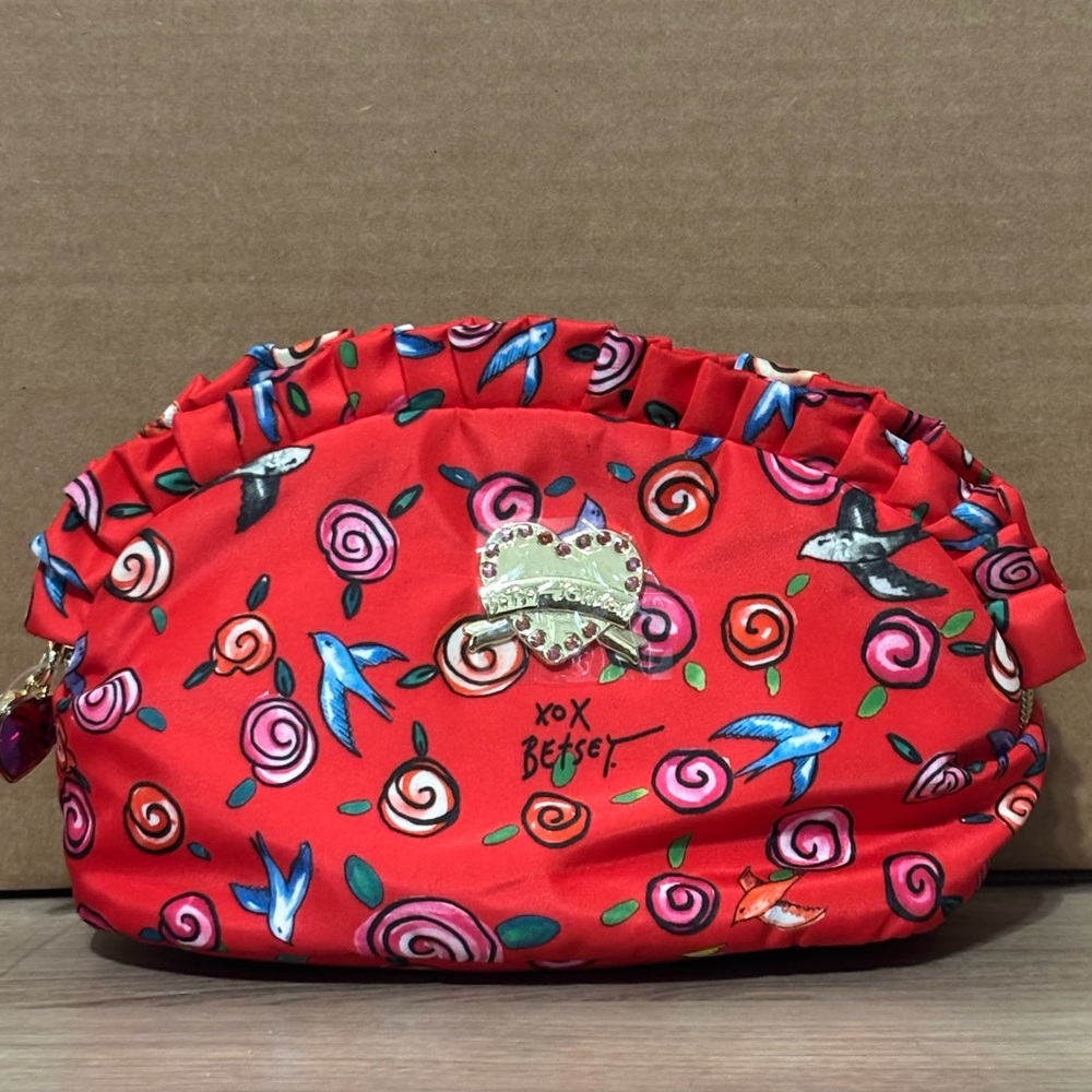 Betsey Johnson Red and Pink Floral Cosmetic Bag